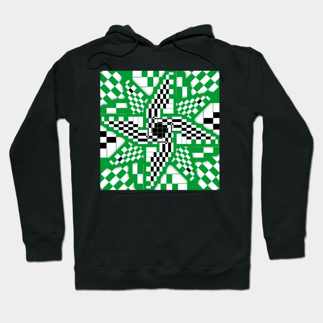 Green Black and White Checkered Pinwheel Optical Illusion Hoodie by SeaChangeDesign